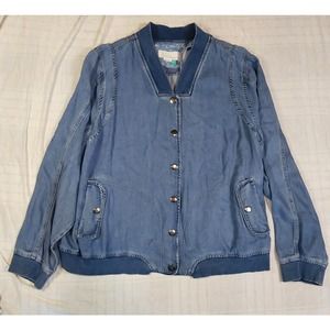 Anthropologie Plus Women Denim Bomber Jacket Blue Zip Pockets Tencel 2X